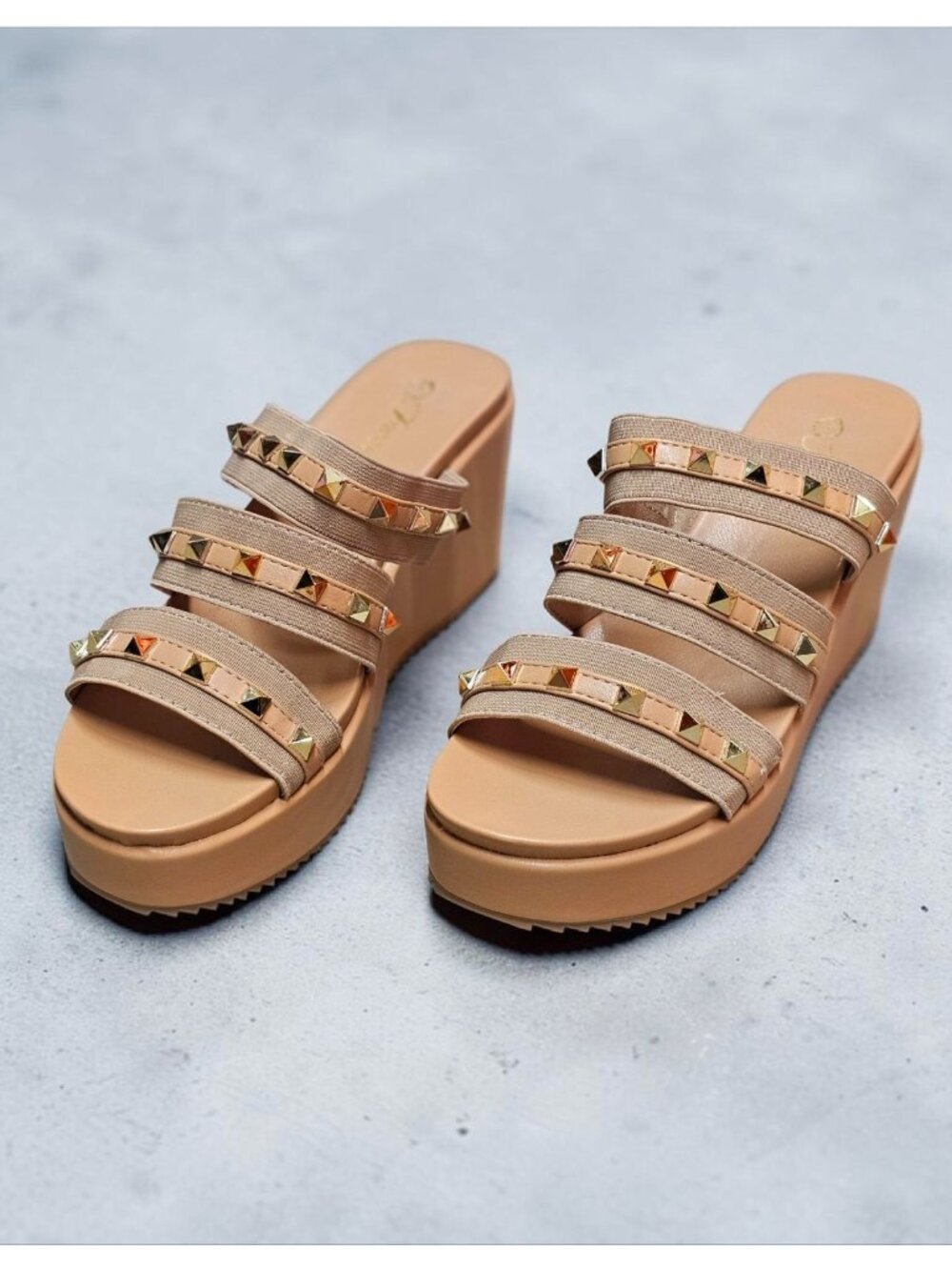 Studded Strap Nude Wedge Sandals For Women - Stylish Slip-On Platform Design Wit - Picture 9 of 12